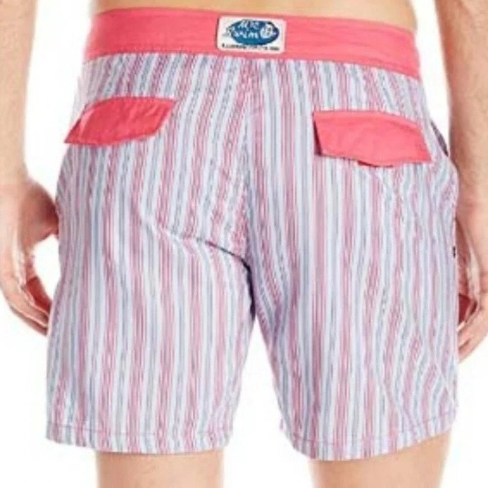 Mr Swim Shorts Mens 36 Pink Blue Pinstripe Drawstring Board Trunks‎ NWT Summer